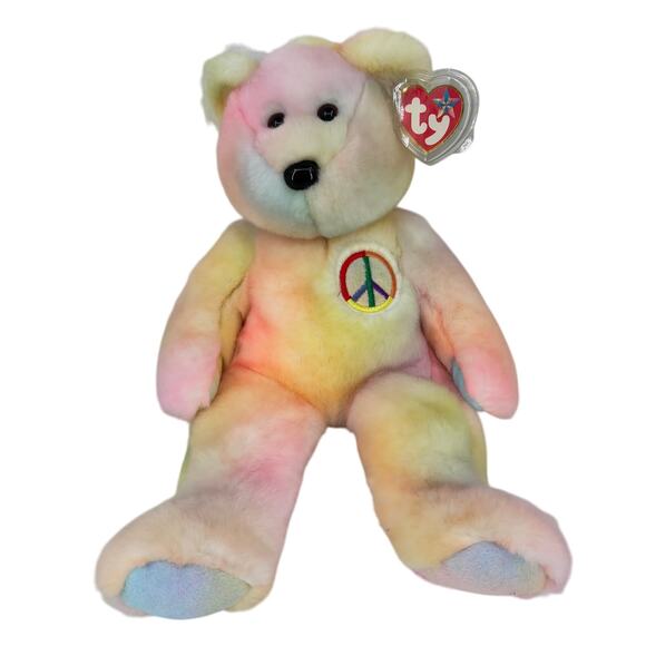 Ty Beanie Buddies Peace Bear Plush Pastel Tie Dye 1999 VTG With Tags 14 Inch - Picture 1 of 10